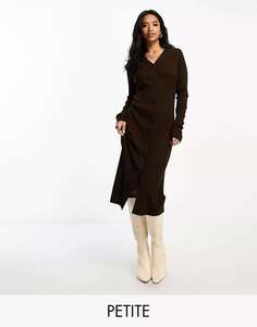 Платье миди в рубчик на пуговицах с потертостями Petite Jasmine шоколадно-коричневого цвета Threadbare