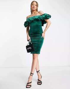 Изумрудно-зеленое бархатное платье миди с открытыми плечами и оборками Saint Genies
