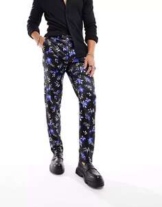 Черные атласные брюки узкого кроя с цветочным принтом ASOS