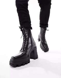 Черные ботинки на шнуровке из искусственной кожи на каблуке и подошве на платформе ASOS
