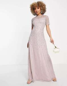 Платье с оборками Платье макси с короткими рукавами и декором для подружки невесты пыльно-лилового цвета Frock and Frill