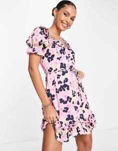 Чайное мини-платье с оборками розового леопардового цвета French Connection