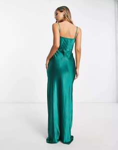 Атласное платье макси изумрудно-зеленого цвета Pretty Lavish Bridesmaid Keisha
