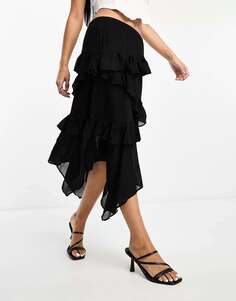 Гламурная многоярусная юбка миди с оборками из черного шифона с асимметричным подолом Glamorous