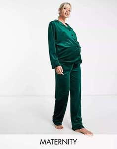 Night Длинная бархатная пижама для беременных с вышивкой на спине лесно-зеленого цвета