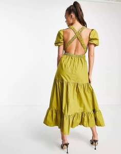 Эксклюзивное платье миди оливково-зеленого цвета с перекрестной спинкой и принтом Collective the Label