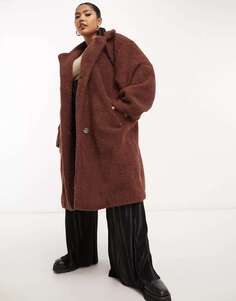 Удлиненная двубортная куртка борг DTT Plus Teddy шоколадно-коричневого цвета Don&apos;t Think Twice