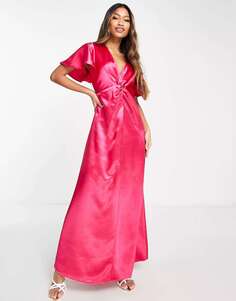 Розовое атласное платье макси с развевающимися рукавами Vila Bridesmaid