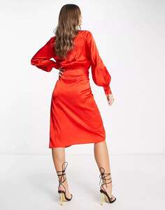 Красное атласное платье миди с завязкой на талии Never Fully Dressed