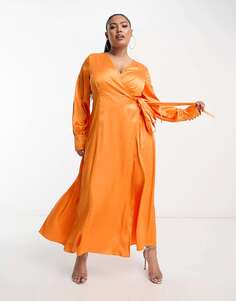 Яркое оранжевое атласное платье миди с запахом Never Fully Dressed Plus