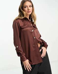 Атласная рубашка в стиле милитари River Island темно-коричневого цвета