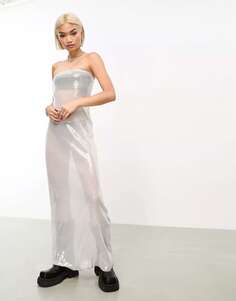 Серое серебристое платье макси с прозрачными пайетками Weekday Jade