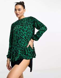 Блузка с коротким краем AX Paris зеленого цвета с леопардовым принтом
