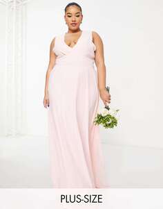 Тихо-розовое шифоновое платье макси с v-образным вырезом и плиссированной юбкой TFNC Bridesmaid