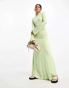 Яблочно-зеленое платье макси с длинными рукавами и швами ASOS