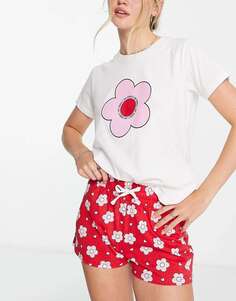 Короткая пижама с цветочным принтом в красно-белом цвете Threadbare