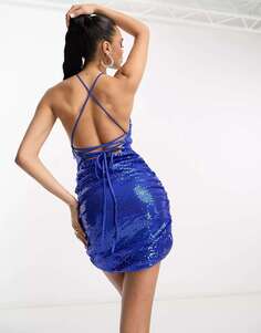 Кобальтовое мини-платье NaaNaa с пайетками и лямками на спине