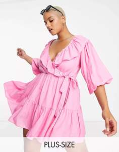 Розовое мини-платье с плиссированной юбкой In The Style x Lorna Luxe с запахом и оборками на шее