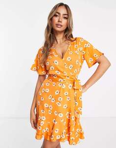Чайное платье миди с квадратным вырезом и пышными рукавами In The Style x Jac Jossa с оранжевым ромашочным принтом