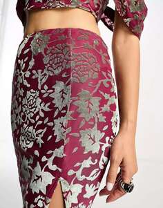 Бархатная юбка макси с разрезом Sisters of the Tribe розового и серебристого цвета