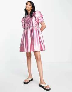 Нежно-розовое мини-платье Annorlunda с голографическими рукавами и пышными рукавами