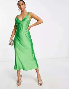 Атласное платье-комбинация миди с воланами London Petite ярко-зеленого цвета Flounce London