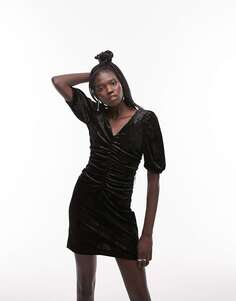 Черное бархатное мини-платье со сборками и пышными рукавами Topshop