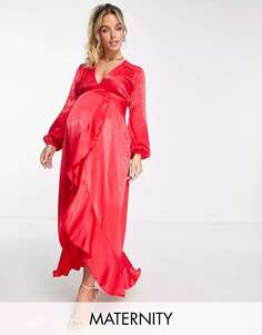 Красное атласное платье макси с длинными рукавами и запахом с воланами London Maternity Flounce London