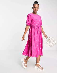 Платье миди ярко-розового цвета с пышными рукавами в горошек Pieces