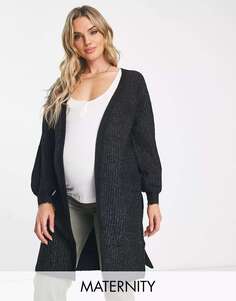 Черный удлиненный кардиган с запахом и поясом Mamalicious Maternity Mama.licious