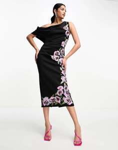 Черное платье миди на одно плечо с драпировкой и розовыми пайетками ASOS