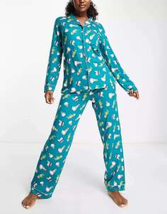 Пижамный комплект с рубашкой и брюками с длинными рукавами Chelsea Peers бирюзового цвета с принтом кота кактуса