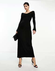 Черное платье макси с v-образным вырезом и открытыми плечами Fashionkilla