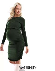 Темно-зеленое платье миди со сборками по бокам для кормящих мам Mamalicious Maternity 2 Mama.licious