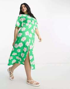 Чайное платье миди с развевающимися рукавами Influence зеленого цвета с цветочным принтом