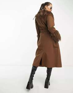 Длинное пальто шоколадно-коричневого цвета с поясом и отделкой из искусственного меха Violet Romance