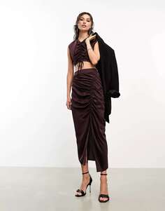 Эксклюзивная атласная юбка миди Carla темно-бордового цвета с рюшами AllSaints x ASOS