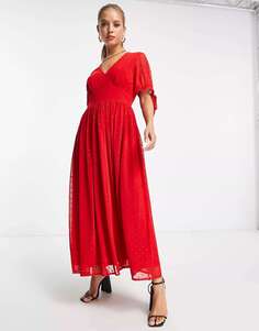 Красное платье миди с завязками и рукавами и блестящими сердечками Never Fully Dressed
