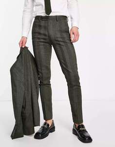 Зеленые шерстяные брюки-скинни с узором «елочка» ASOS