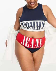 Tommy Jeans плюс архивные дерзкие плавки бикини с высокой талией темно-синего и красного цвета Tommy Hilfiger