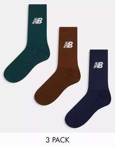 Три пары носков с логотипом New Balance цвета хаки, темно-синего и коричневого цвета