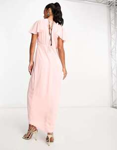 TFNC Bridesmaid шифоновое платье макси с запахом спереди и развевающимися рукавами нежно-розового цвета