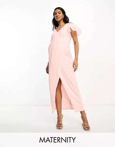 Тихо-розовое шифоновое платье макси с запахом спереди и развевающимися рукавами TFNC Bridesmaid