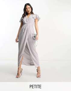 Серое шифоновое платье макси с запахом спереди и развевающимися рукавами TFNC Bridesmaid