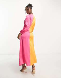 Разноцветное атласное платье макси в стиле колор-блок спереди Monki с длинными рукавами и сборками