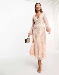 Розовое платье миди с запахом и декором Beauut Bridesmaid