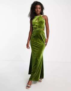 Платье макси Little Mistress из бархата оливково-зеленого цвета с каплевидной деталью
