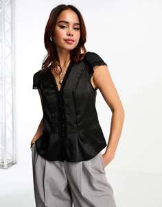 Черная атласная блузка с кружевной отделкой New Look