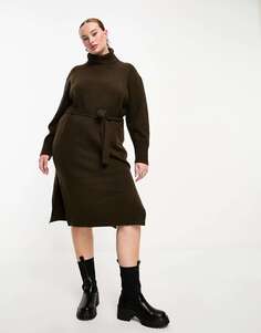 Шоколадно-коричневое платье-джемпер миди с высоким воротником и завязкой на талии Threadbare Plus Brooklyn Threadbare