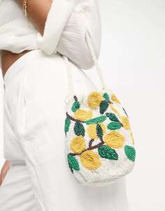 Желто-белая мини-сумка на шнурке с фруктами и бусинами Accessorize